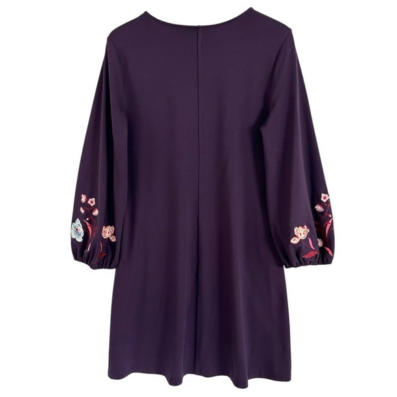 ANN TAYLOR Embroidered Sleeve Flare Shift Dress Purple V-Neck Long Sleeve Size L - Picture 4 of 14